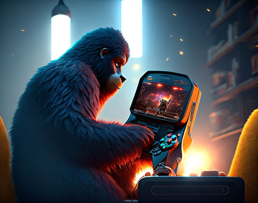 Blue gorilla playing video game in arcade setting