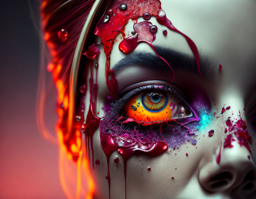 Close-Up of Eye with Multicolored Makeup and Dripping Red Liquid