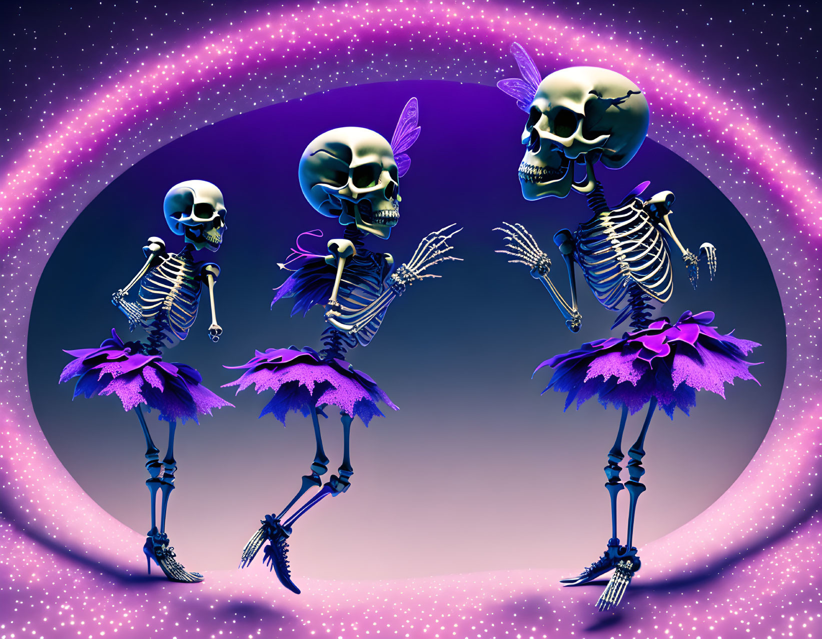 Four skeleton figures in purple tutus on a cosmic background with moon and stars, striking playful poses