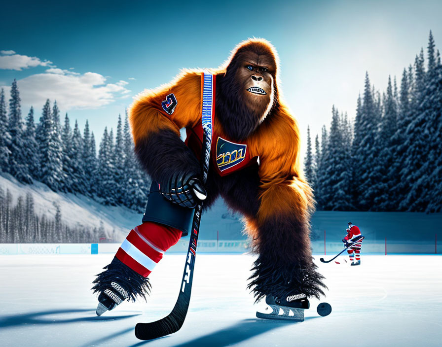 Colorful Jersey Gorilla Plays Ice Hockey on Snowy Rink