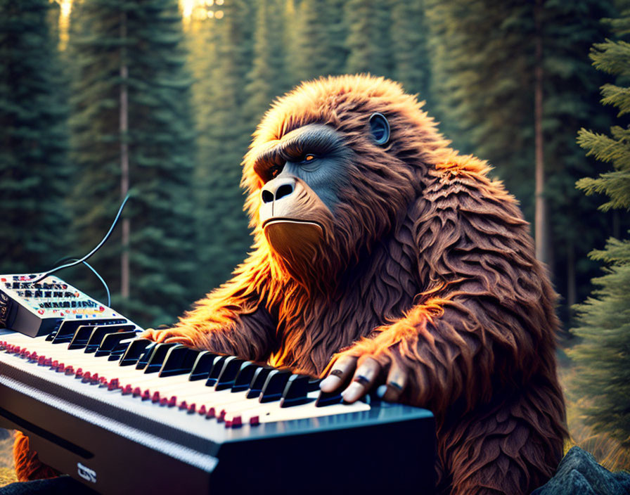 Gorilla playing keyboard in forest at sunset