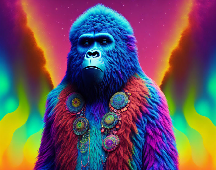 Colorful digital artwork: Gorilla with blue face and beads on rainbow background