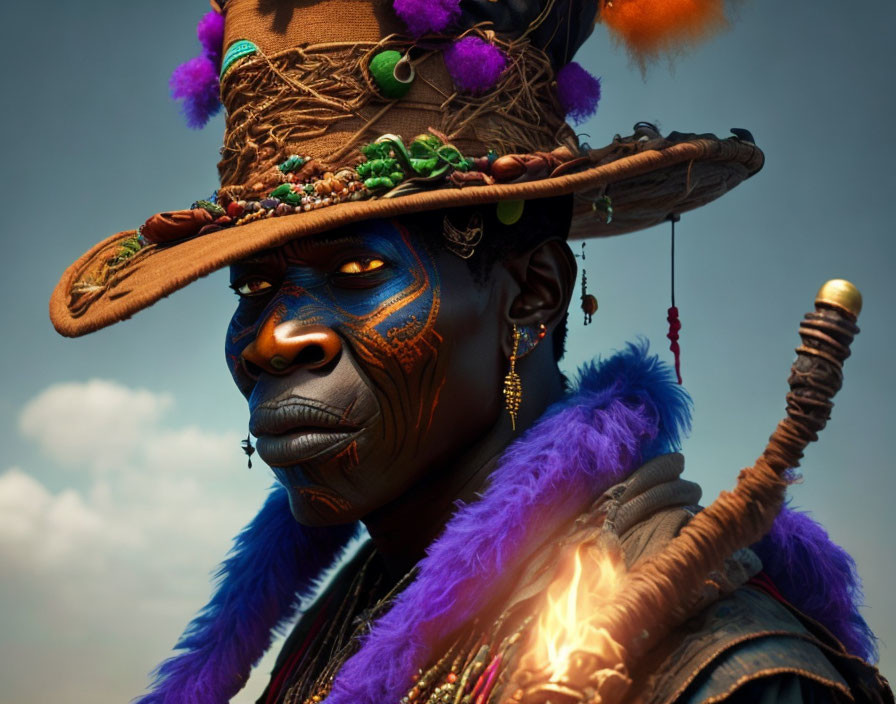 Colorful face paint and ornate hat portrait on soft background