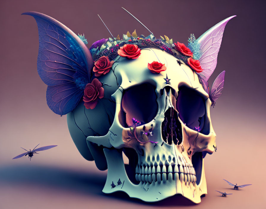 Skull with butterfly wings and flowers on muted background