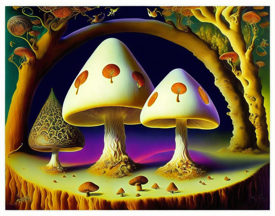 Surreal painting of oversized mushrooms and tree canopy against twilight sky