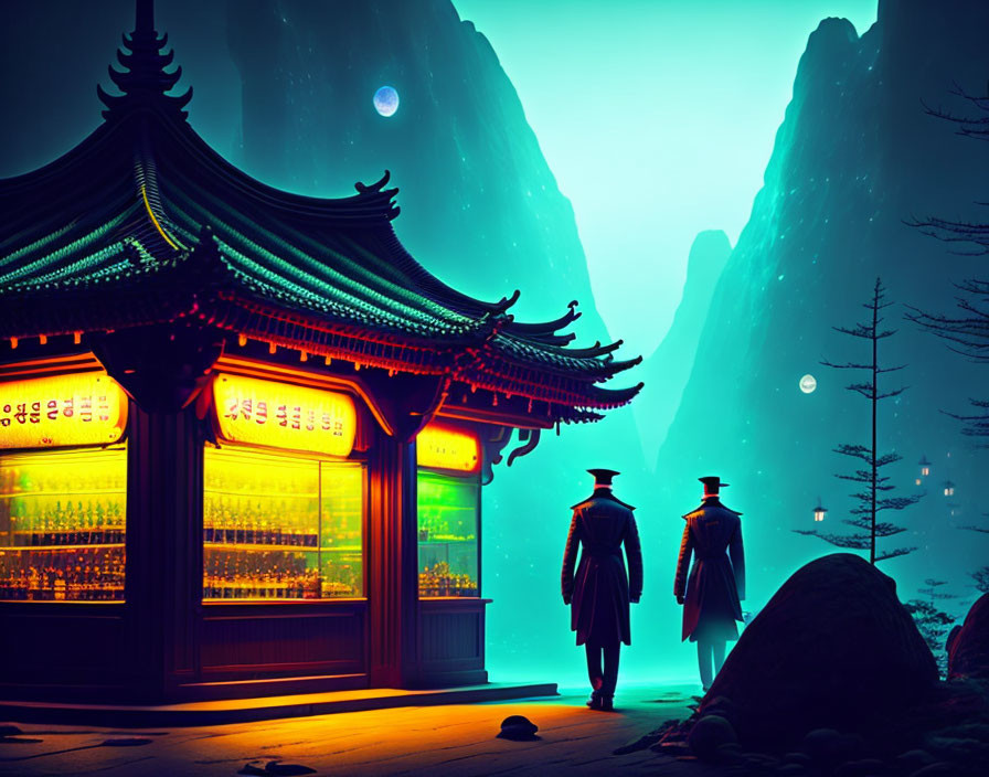 Night scene: Two figures in coats by traditional pavilion with mountain backdrop.