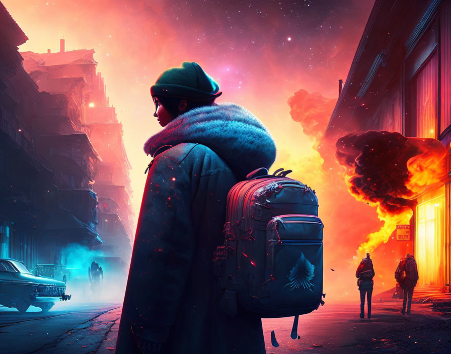 Person with backpack in neon-lit street at night, watching fire and futuristic cityscape