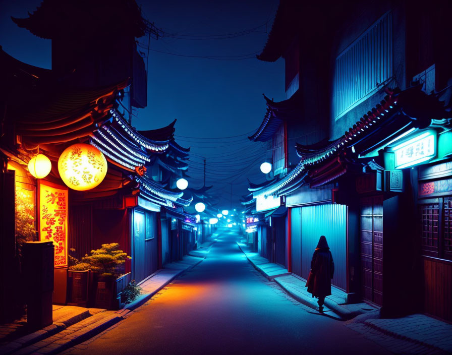 Figure Walking in Neon-Lit Alley at Night