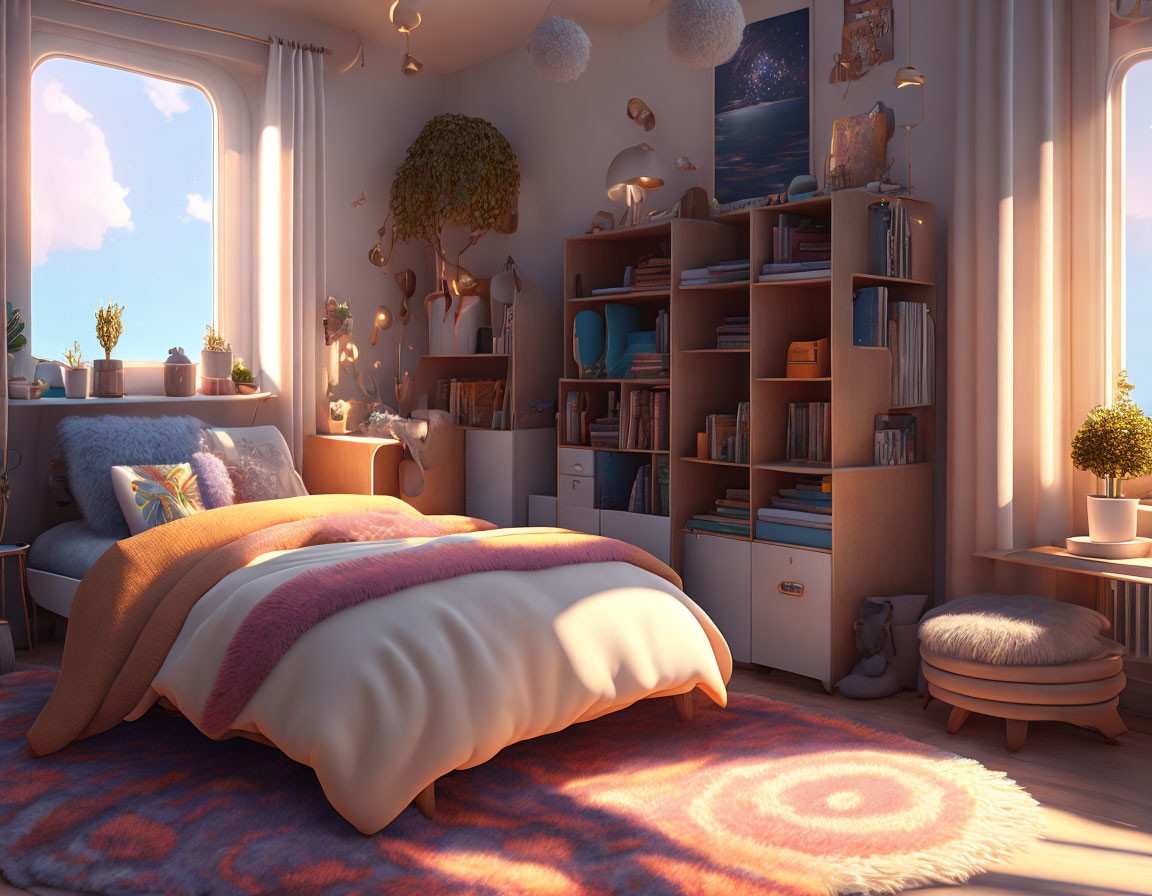 Warm Sunlit Bedroom with Comfy Bed, Bookshelves, Plants, and Circular Rug