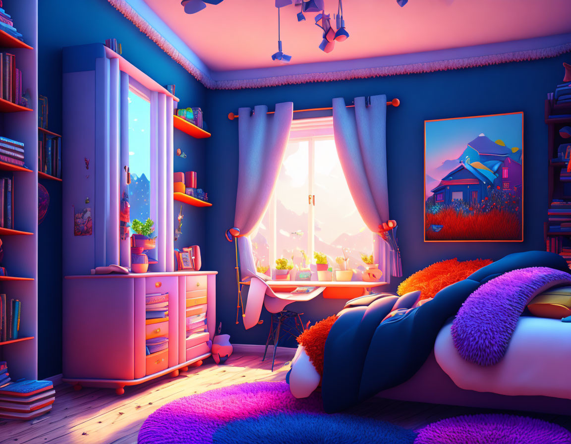 Cozy bedroom at sunset with plush bed, desk, bookshelf, and mountain view.