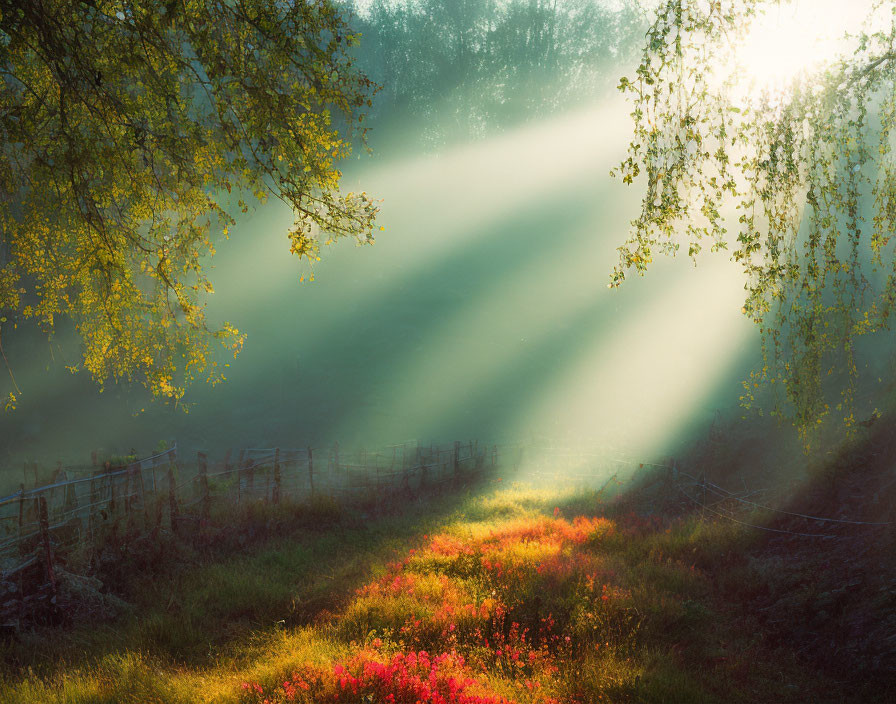 Sunbeams illuminate misty meadow with red flowers by rustic fence