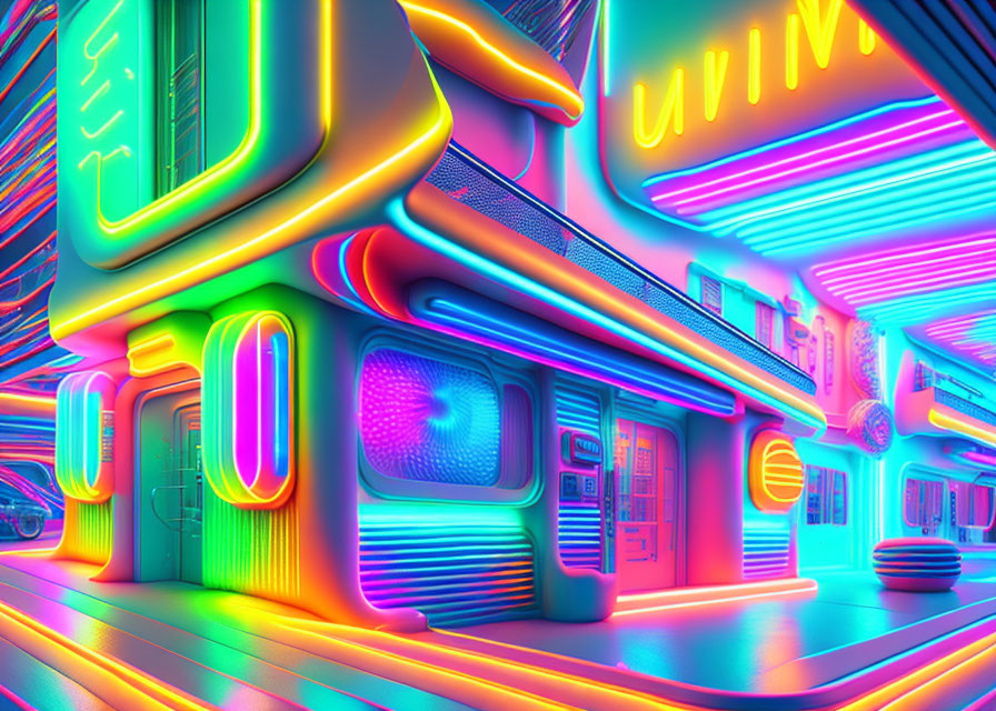 Vibrant neon-lit futuristic cityscape with glowing signs