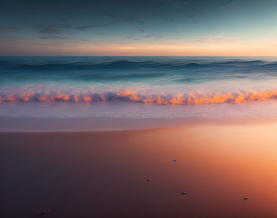 Tranquil Sunset Beachscape with Vibrant Sky and Soft Reflections