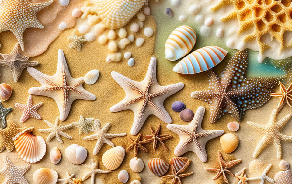 Colorful Seashells, Starfish, and Coral on Sandy Background