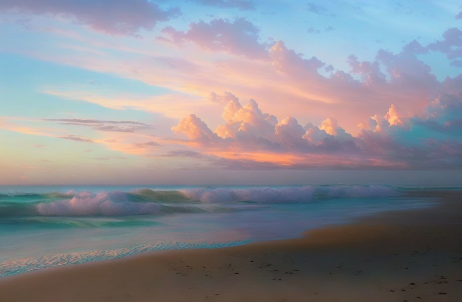 Tranquil beach sunset with pink and blue clouds, gentle waves, soft sunlight, and warm sand