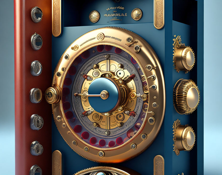 Steampunk-style vault door with gears and dials on red-brown background