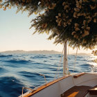 Sunset view from boat with flowers and hilly coastline silhouette