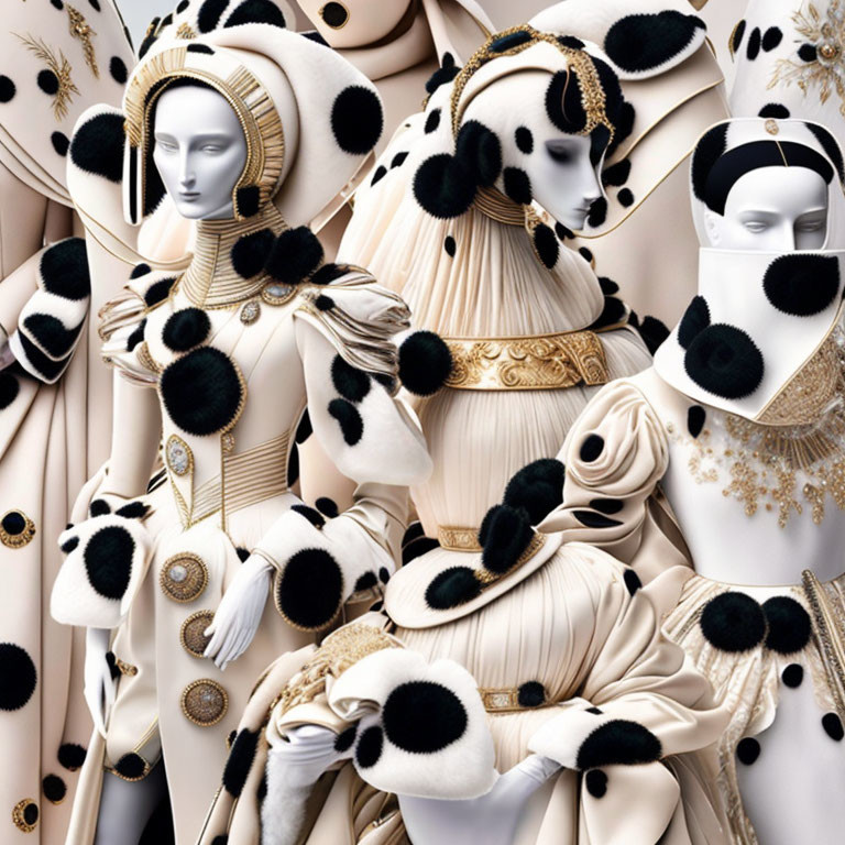 Surreal image of figures in cream and gold attire with black and white spots