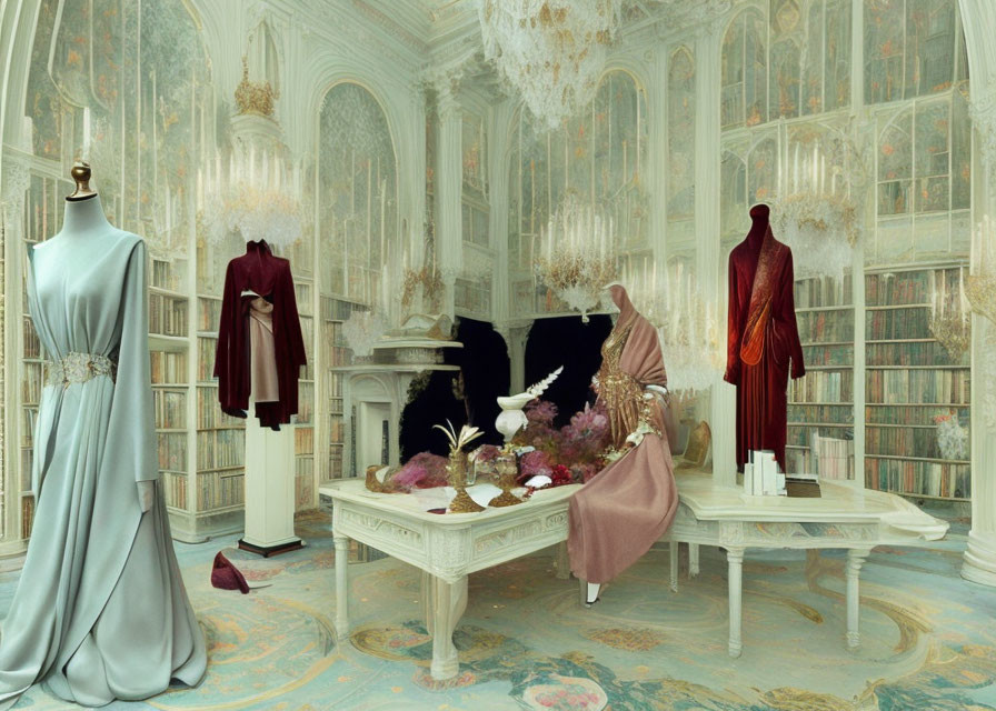 Baroque-style Library with High Ceilings and Elegant Dresses Displayed