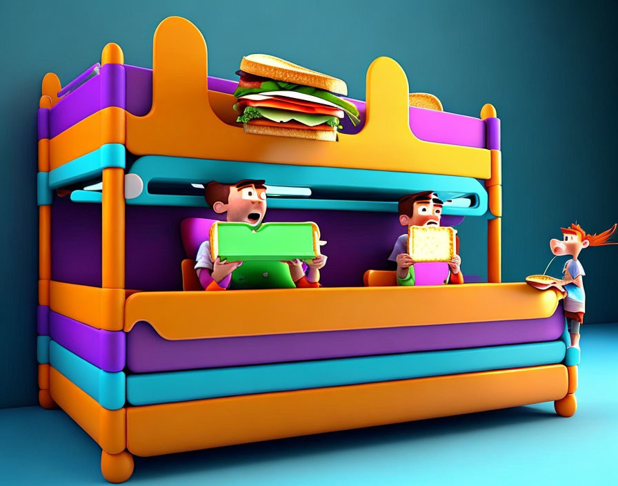 Colorful Cartoonish Bunk Bed with Giant Hamburger Top Bunk & Surprised Characters Holding