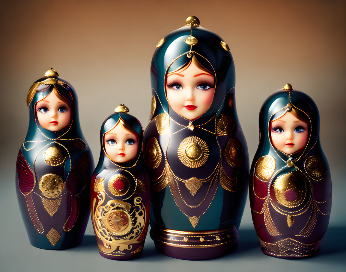 Four Traditional Russian Matryoshka Dolls with Gold Patterns and Jewel-like Adornments