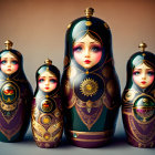 Four Traditional Russian Matryoshka Dolls with Gold Patterns and Jewel-like Adornments