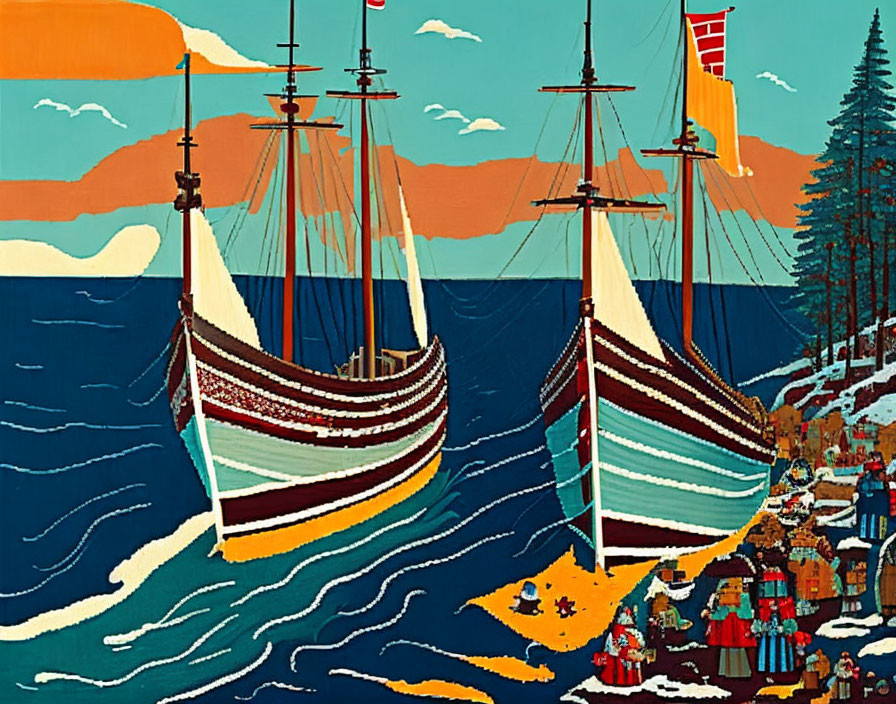 Vibrant sailing ships near bustling shoreline with people and goods