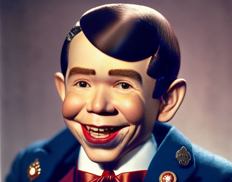 Vintage ventriloquist dummy with wide smile and rosy cheeks in suit and slick hairdo