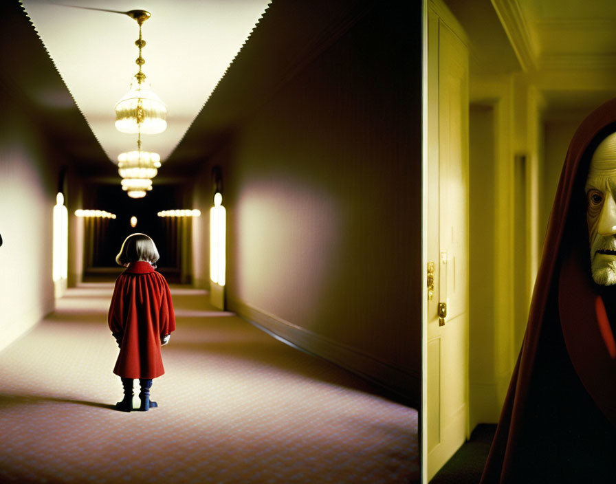 Child in red coat in dimly lit hotel corridor with peeking figure