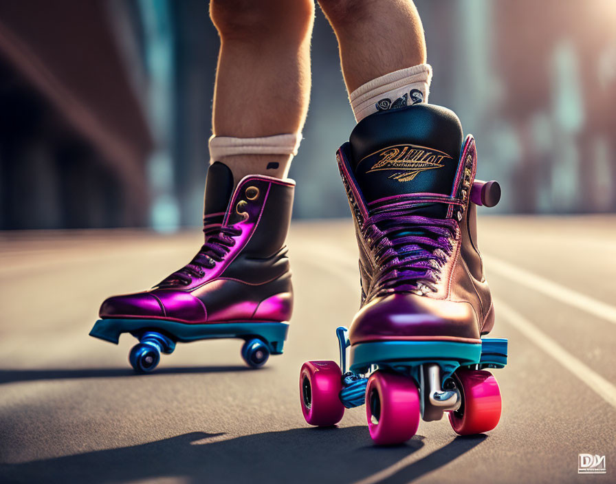 Person in Purple and Black Roller Skates on Outdoor Surface with Pink Wheels