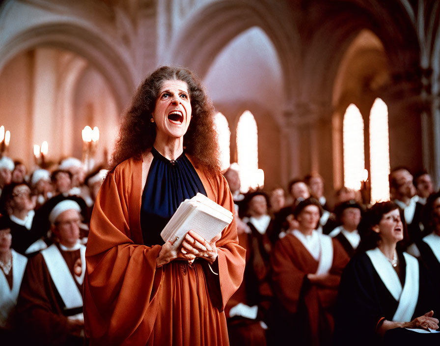 Woman in orange robe joyfully sings with choir in church surrounded by others in white robes