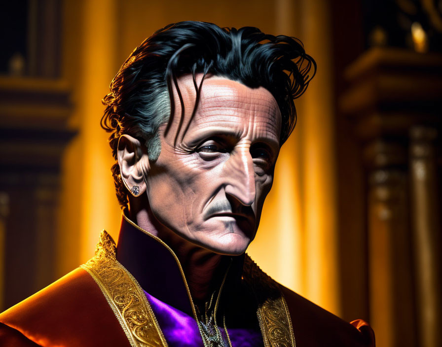 Detailed 3D rendering of a man with prominent cheekbones in regal attire