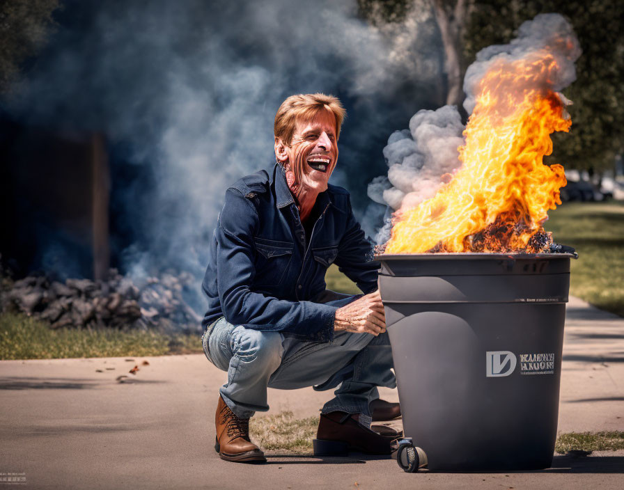 Person laughing beside flaming trash can in image.