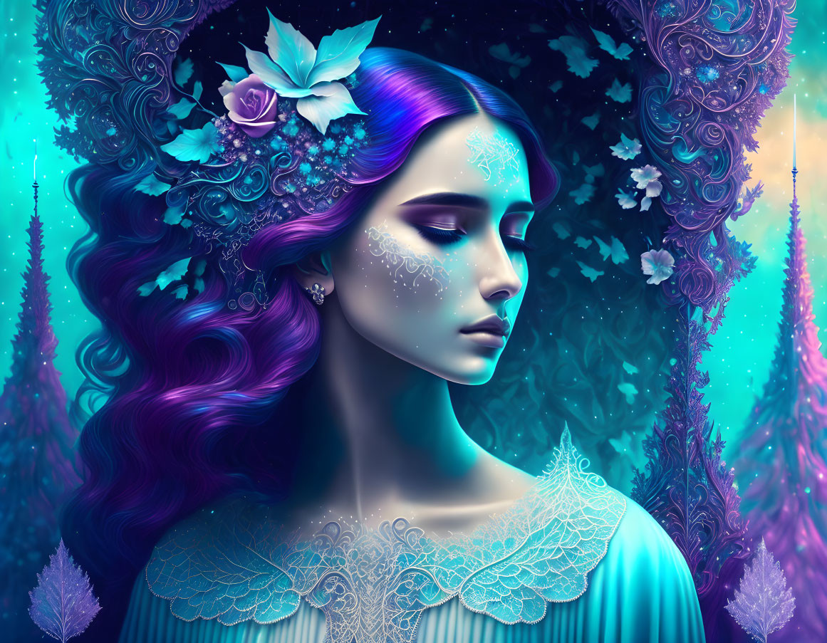 Portrait of woman with purple hair in floral setting amid vibrant blue forest