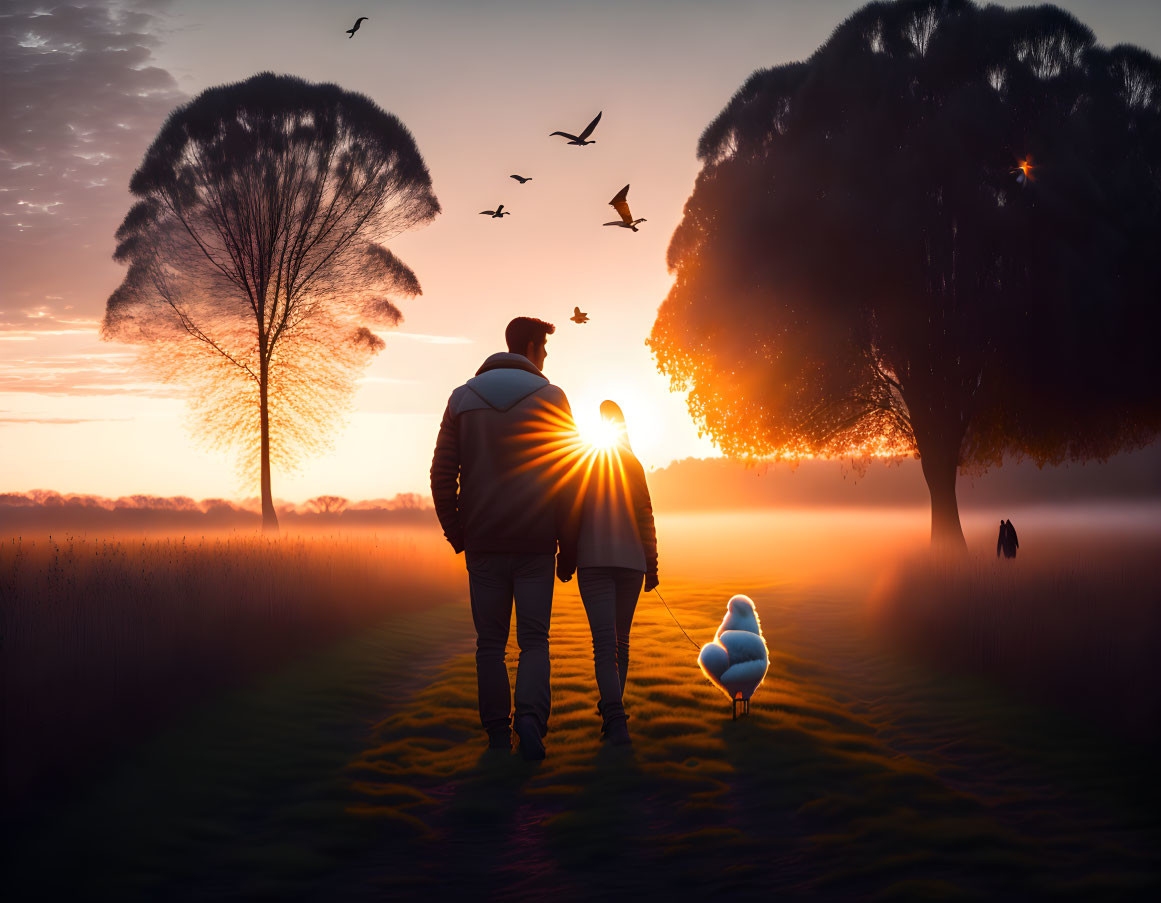 Couple with Dog Walking on Tree-Lined Path at Sunrise