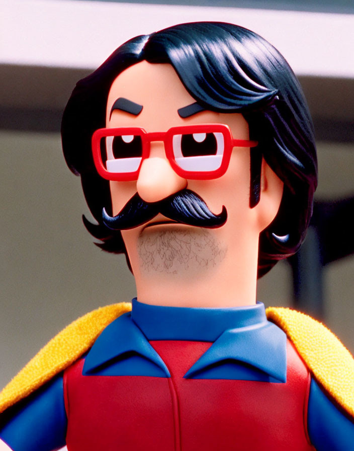 Toy figure with mustache, red glasses, black hair, yellow & red shirt.