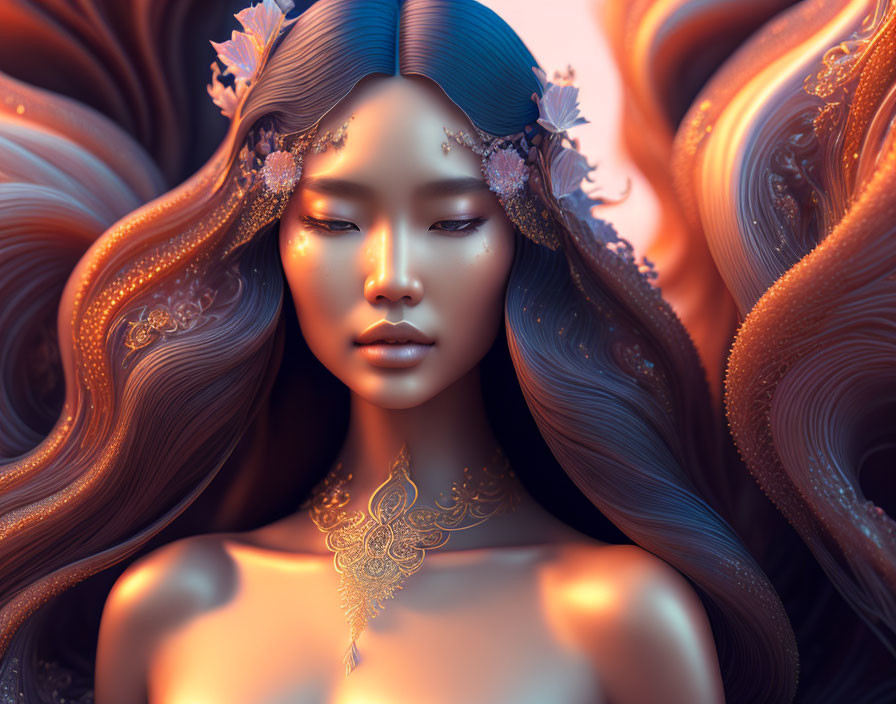 Digital artwork of serene woman with flower-adorned hair in golden hues, wearing intricate jewelry.