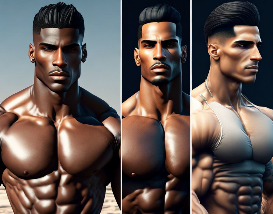 Stylized 3D male model collage with various poses and outfits