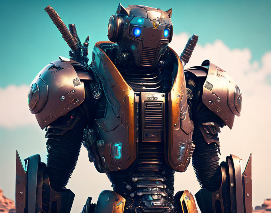 Giant metallic robot with blue glowing eyes and antennae under cloudy sky