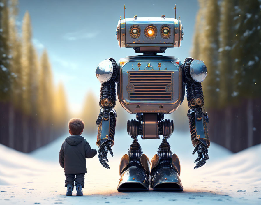 Child and friendly robot in snowy forest clearing