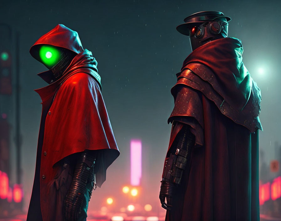 Futuristic figures in cloaks and helmets in neon-lit cityscape