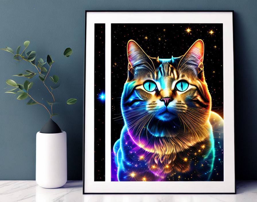 Colorful Cosmic-Themed Cat Illustration in Frame with Blue Eyes