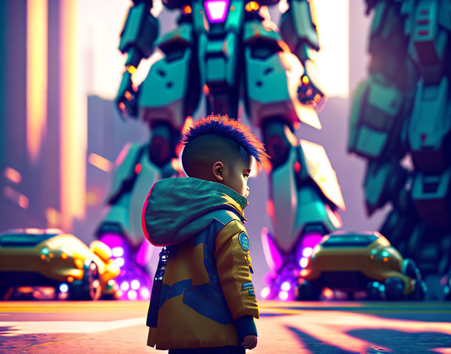 Young boy with blue mohawk observes giant robots in futuristic city with neon lights