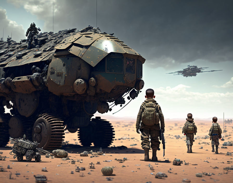 Futuristic armored vehicle with soldiers in desert landscape