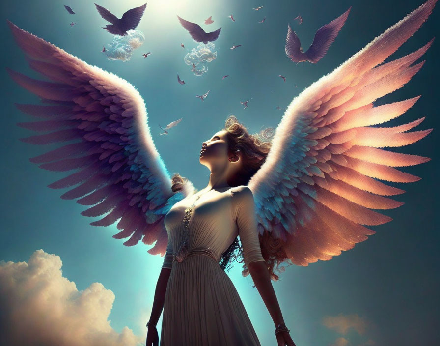 Woman with Purple Wings Surrounded by Flying Birds in Dreamy Sky