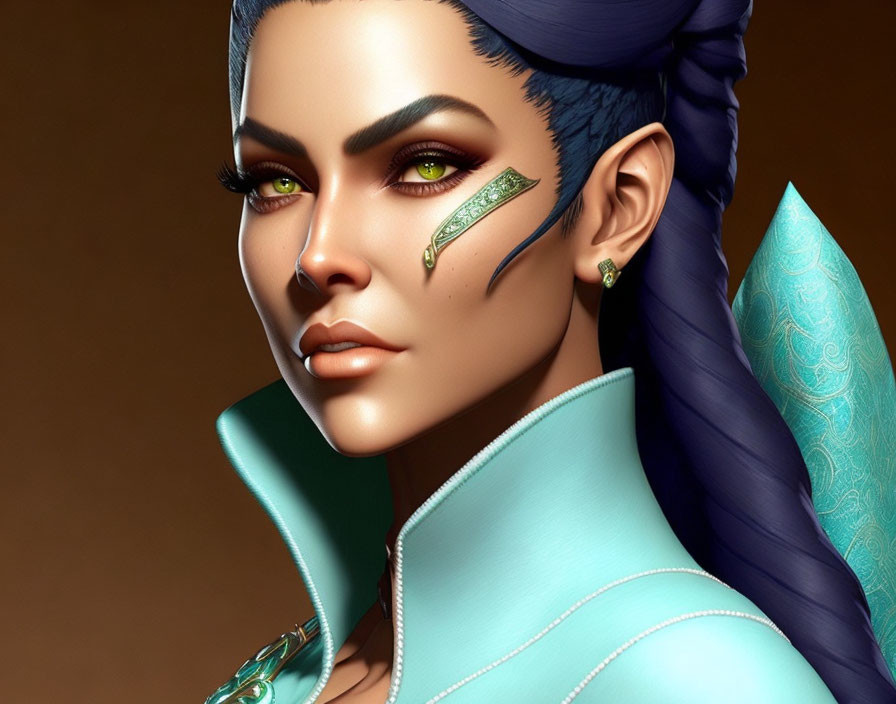 Digital portrait of woman with green eyes, bold eyeliner, high ponytail, teal outfit with intricate