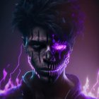 Boy with glowing purple skull on half face in digital art