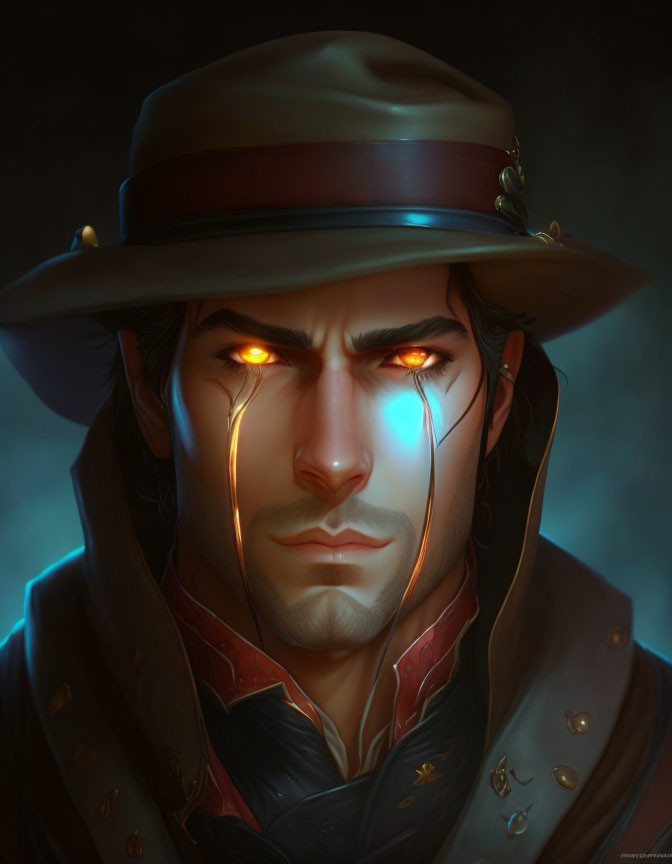 Man with Glowing Eyes in Hat and High-Collared Coat