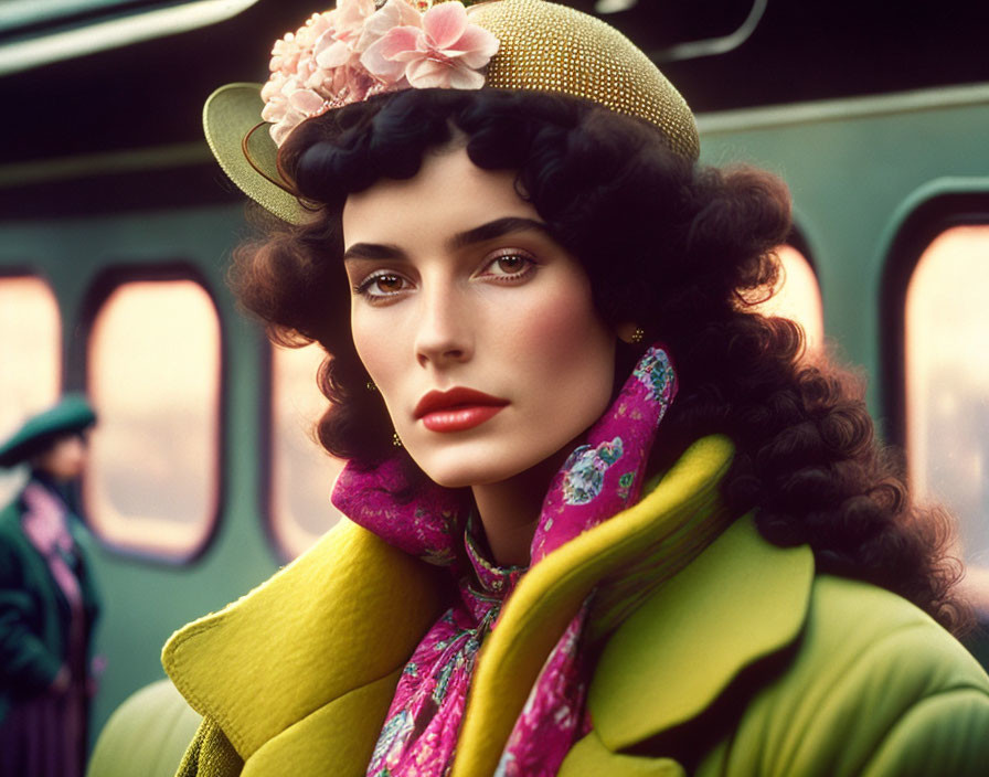 Vintage Woman in Yellow Hat and Green Coat by Train