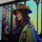 Illustration of woman with flowers by ornate trolley and reflections in windows